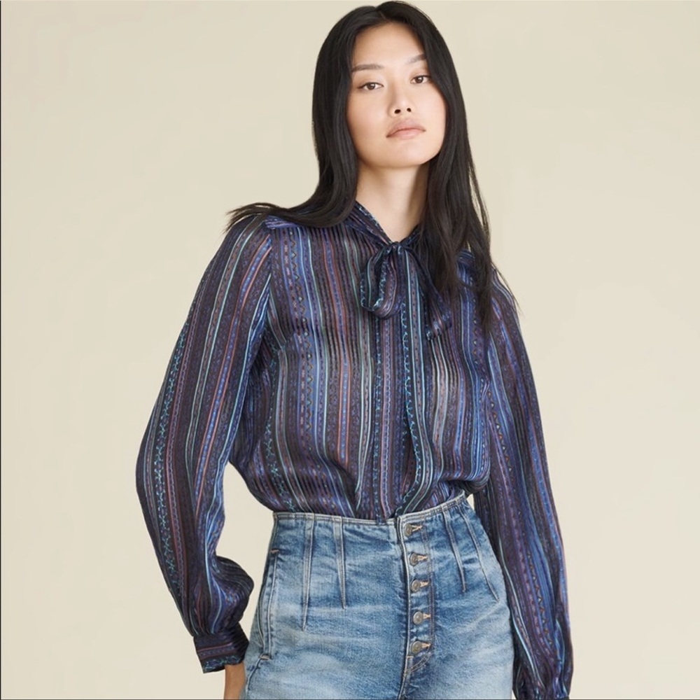 Veronica  beard malaya mixed stripe tie neck blouse